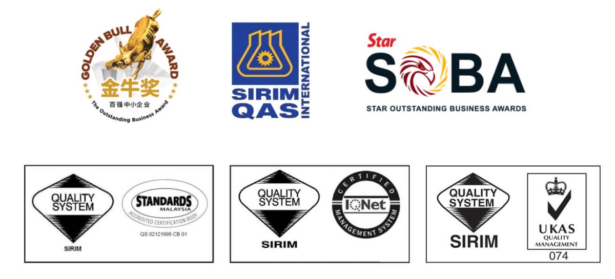 Thung Hing's products are accredited by the Golden Bull Award, SIRIM QAS INTERNATIONAL, Star SOBA, SIRIM and STANDARD, SIRIM and IQNET, SIRIM and UKAS QUALITY MANAGEMENT